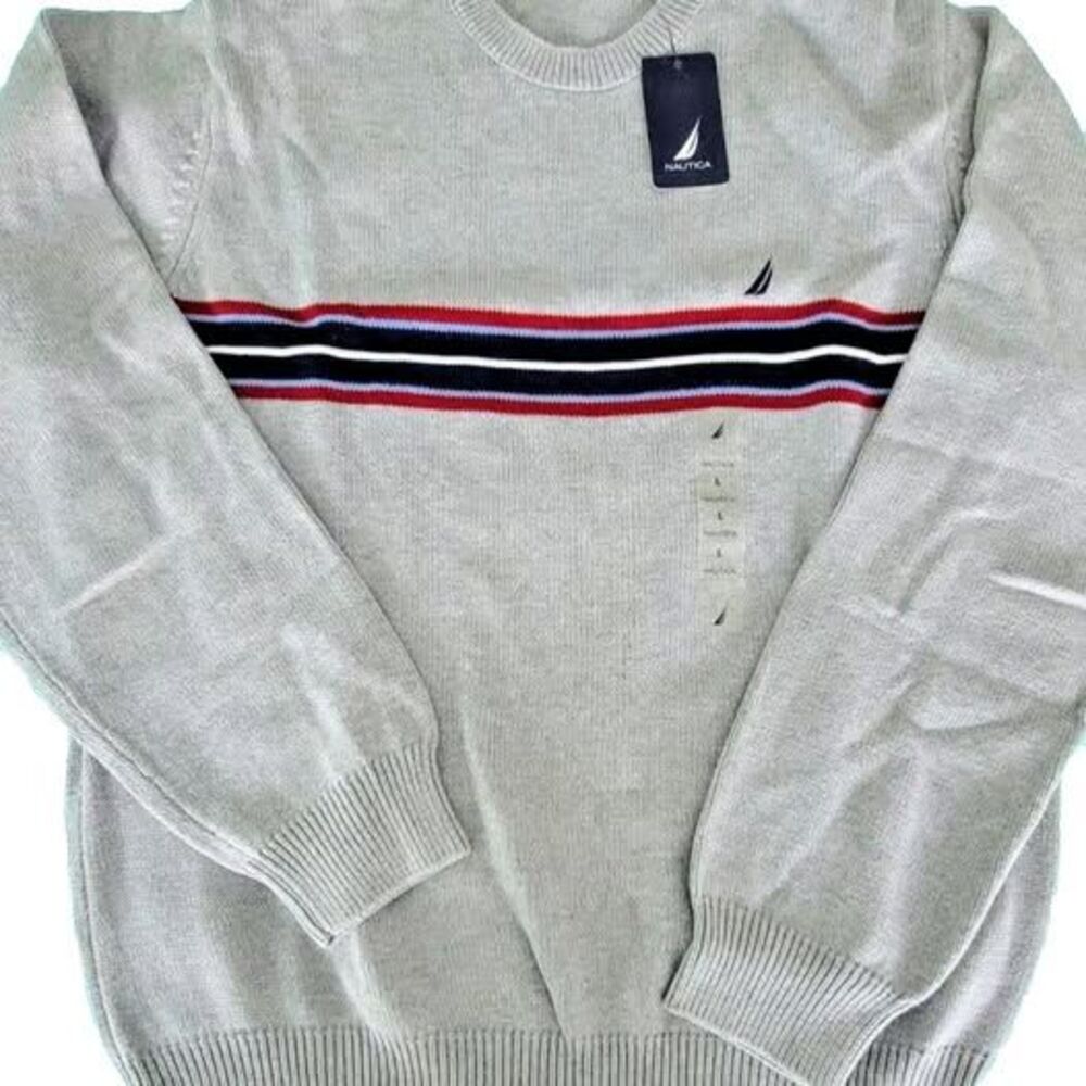 Nautica Men's Grey Cotton Crew Neck Pullover Sweater L New w Tags